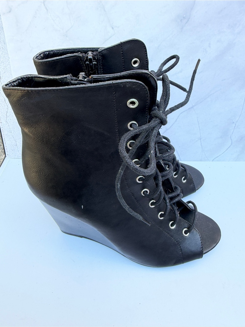 Forever 21 Black Lace-Up Peep-Toe Wedge Booties - Women